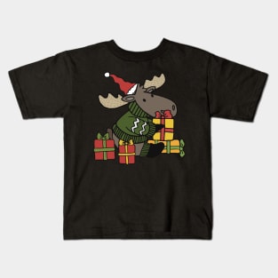 Christmas card with Santa’s helper The Moose gathering the gifts Kids T-Shirt